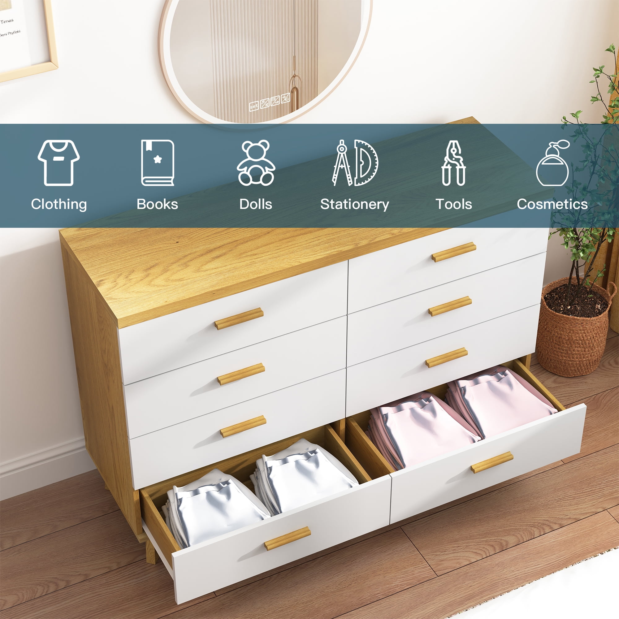 Finihen 8 Drawers Chest of Dressers, Wood Double Dresser Storage Cabinet with Handle Table Leg for Bedroom, Living Room and Hallway, Beige Finihen 8 Drawers Chest of Dressers, Wood Double Dresser Storage Cabinet with Handle Table Leg for Bedroom, Living Room and Hallway, Beige