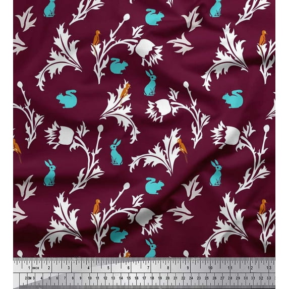 Soimoi Modal Satin Fabric Leaves,Floral & Rabbit Animal Print Fabric by Yard 42 Inch Wide