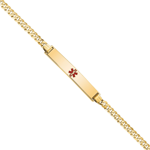 14K Solid Yellow Gold Medical Alert Curb Link Name Bar Identification ID Bracelet