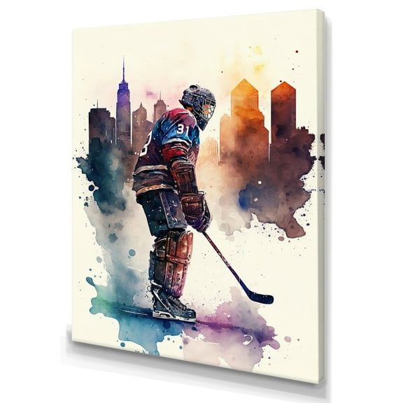 Designart Hockey Player In Front Of Cityscape I Canvas Wall Art