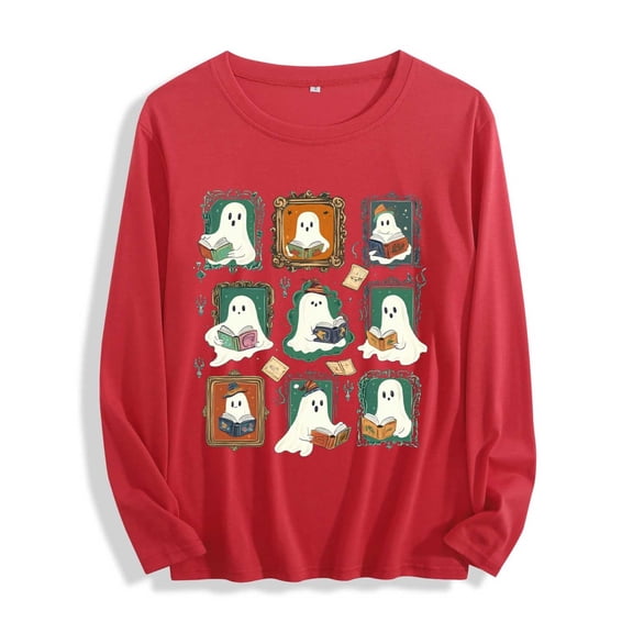 JOANKDMI Womens Funny Halloween Shirts Long Sleeve Cute Ghosts Reading Books Graphic Tees Casual Crewneck Pullover Fall Tops Season Holiday Book Lover Apparel