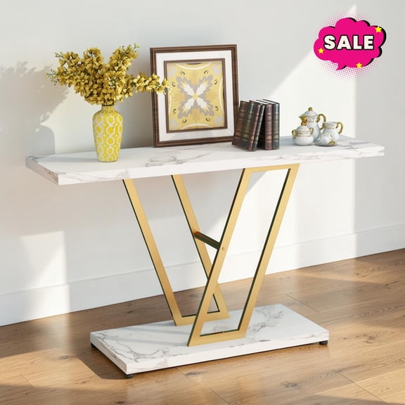 GZXS 42 Inch Console Table, Narrow Entryway Table with Faux Marble Top and Metal Frame, Modern Sofa Table for Hallway, Living Room, Easy Assembly, Gold & White