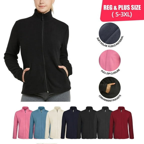 Women’s Polar Fleece Jacket with Pockets Full Zip Up S-3XL Regular & Plus Long Sleeve Lightweight Warm Coat Spring Fall Winter Activewear Womenswear