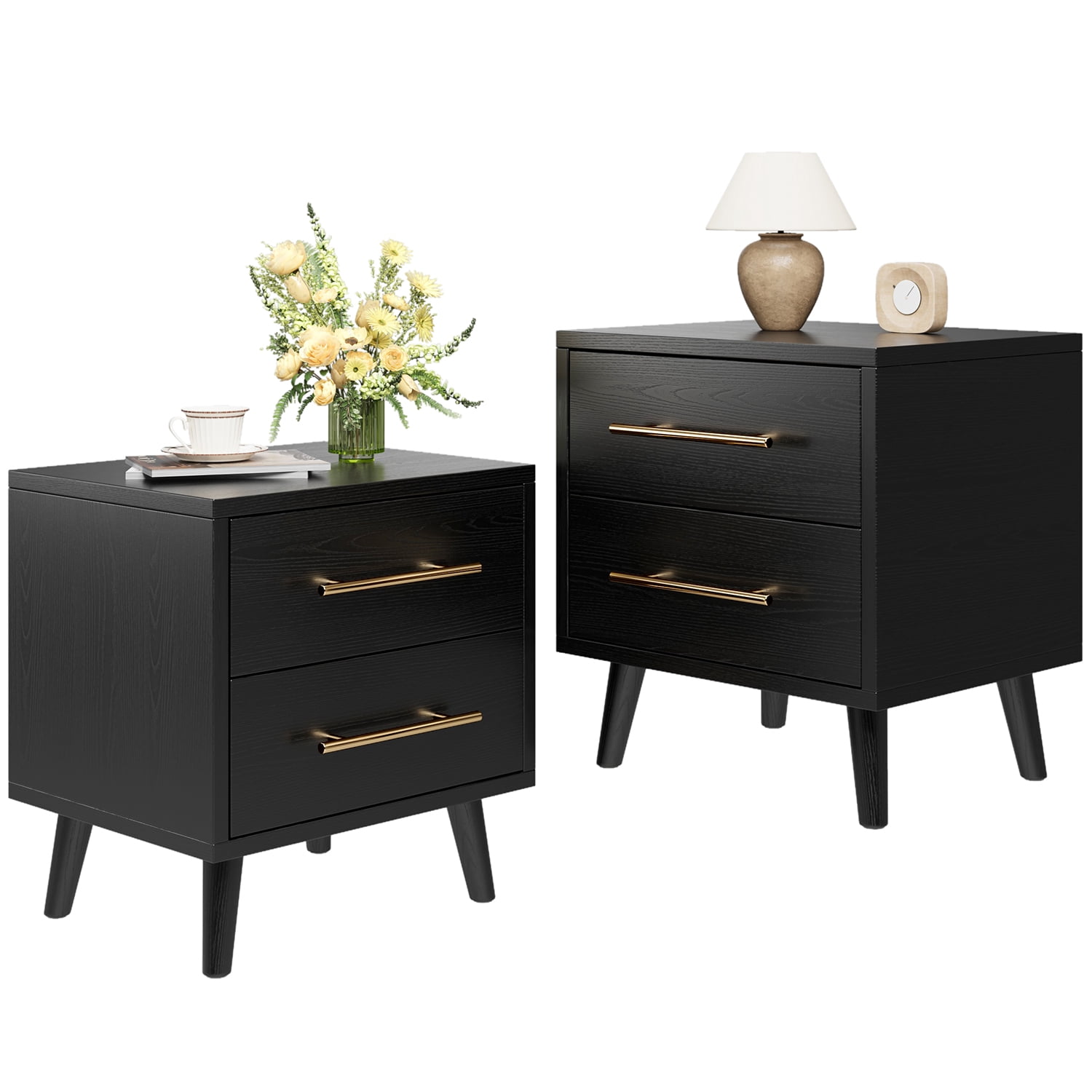 Aiho 2 Drawer Wood Dressers, Wide Chest of Drawers with Gold Handles for Living Room , Black