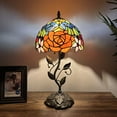 thumbnail image 2 of Tiffany Table Lamp Red Orange Blue Stained Glass Rose Flowers LED Bulb Included Iron Metal Leaves Bronze Base for Living Room Dining Room Bedroom Bedside 20"H*10"W, 2 of 13