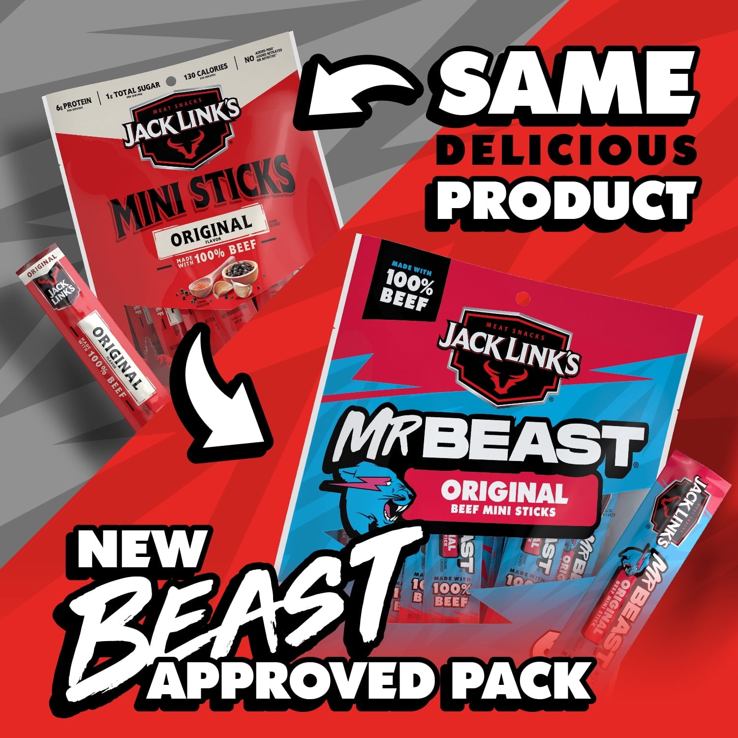 Jack Link’s x MrBeast Original Mini Beef Sticks, 4 ounce, 8 count of .5 ounce Mini Meat Sticks