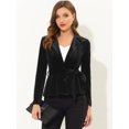 thumbnail image 2 of Chaqueta tipo blazer con cuello de solapa y cinturón de terciopelo para oficina de trabajo para mujer Negro L, 2 of 5