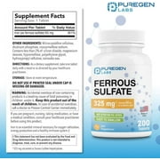 Puregen Labs Ferrous Sulfate 325 mg 200 Tablets Made in USA