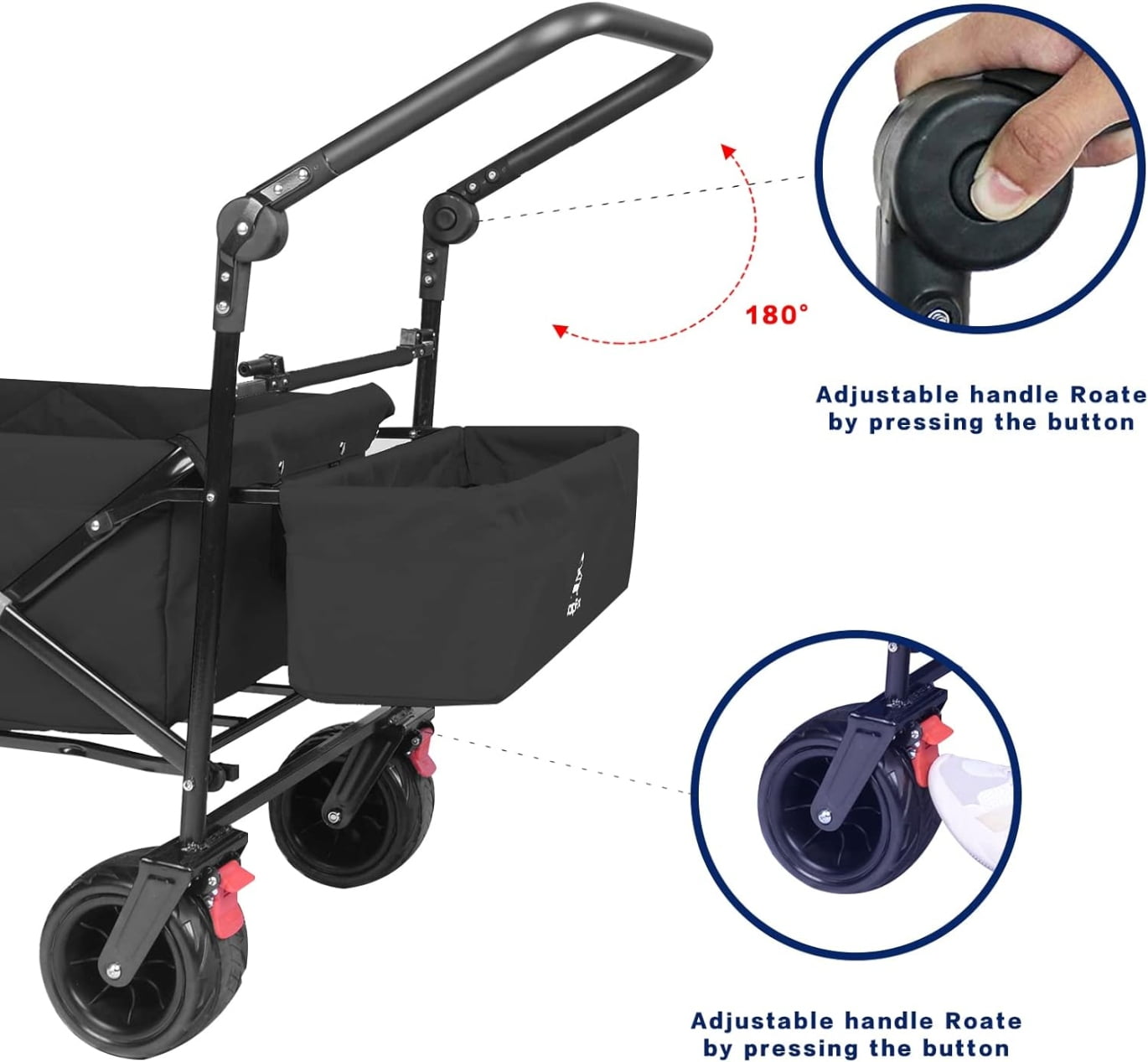 Collapsible Wagon Wagon Cart with Removable Canopy, Heavy Duty Foldable Beach Wagon with  All Terrain Wheels and Brake, Adjustable Push Pull Handle, 220LBS Cooler Bag Utility Carts for Outdoor, Black