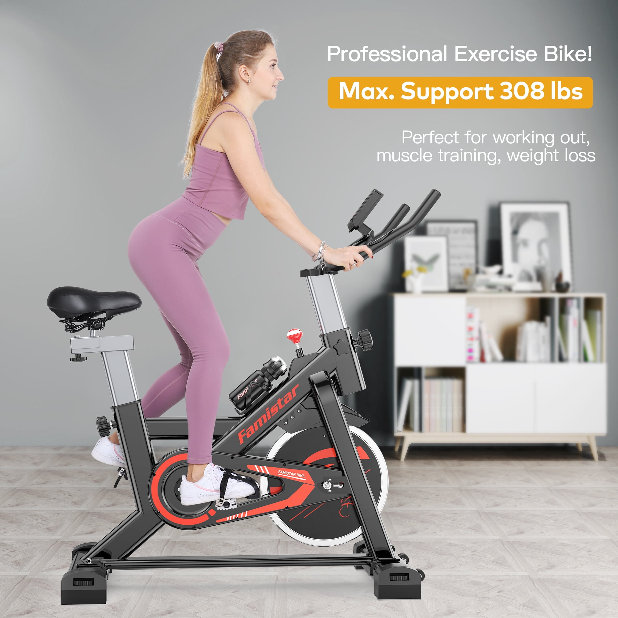 Famistar Exercise Bike Indoor Cycling Stationary Bike with 45 Lbs. Flywheel 308LBS Max Load LCD Display Adjustable Seat and Handlebars Smooth Quiet
