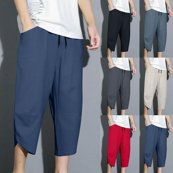 Kmdttou Capri Pants for Mens with Pockets Fashion Summer Drawstring Elastic Waist Casual Solid Color Capris Pants