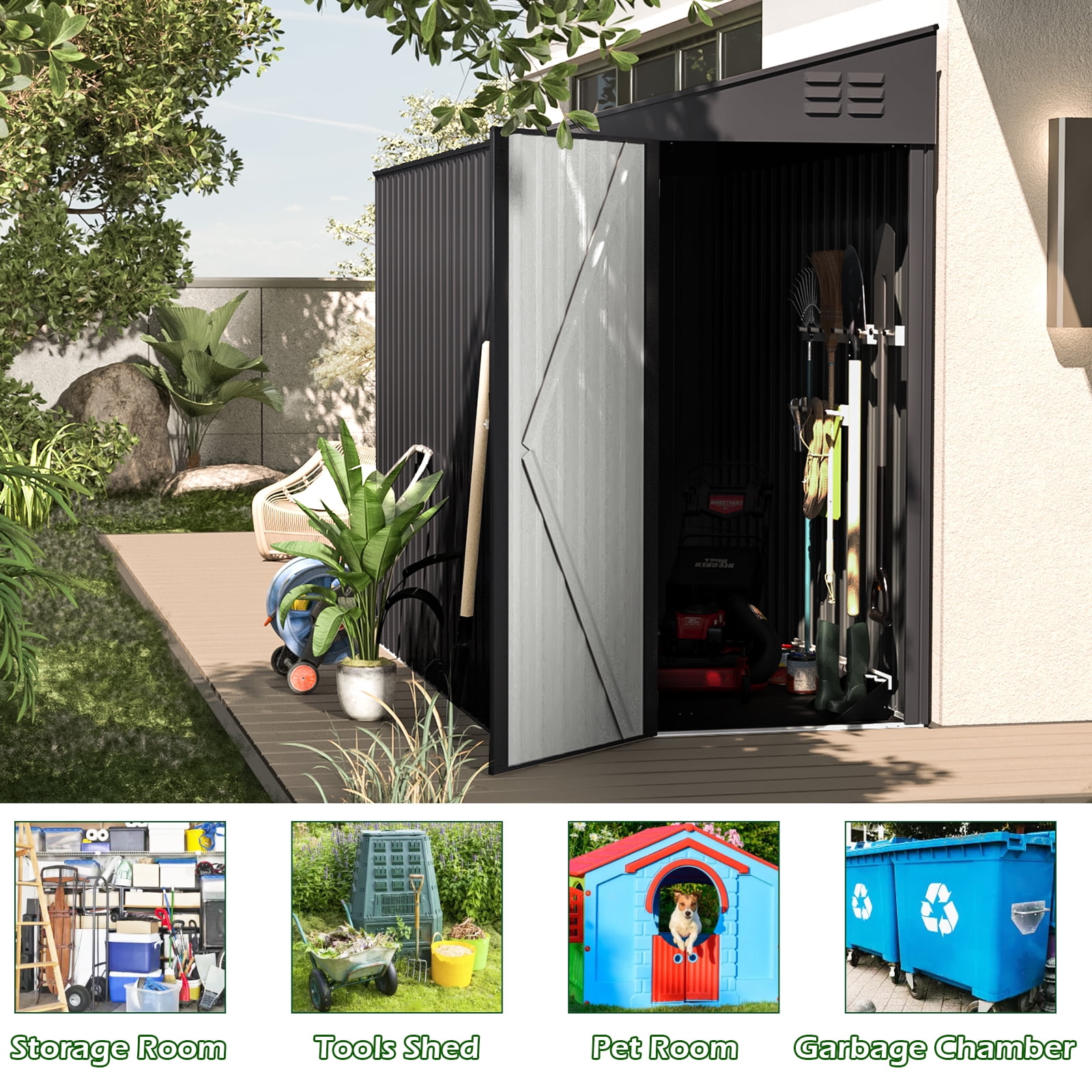 YODOLLA 4.2' x 7' Outdoor Metal Storage Side Shed with Lockable Door Metal Attached Lean-To Shed for Backyard in Gray