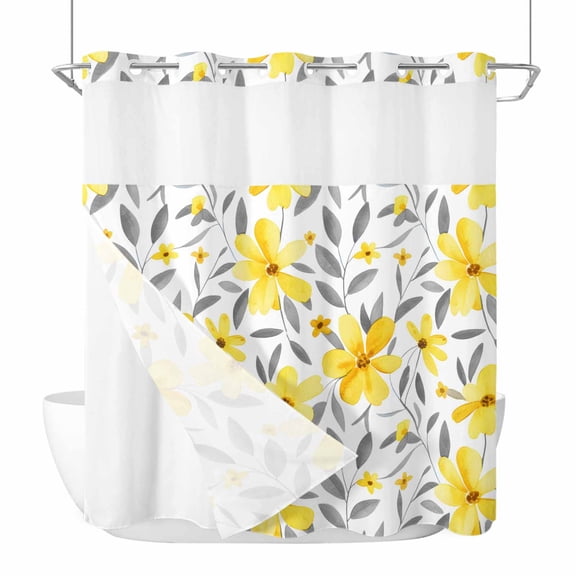 No Hook Yellow Flowers Shower Curtain with Snap in Liner Set, Farmhouse Watercolor Florals Grey Leaves Waterproof Fabric Bathroom Curtains with See Through Top Window, Hotel Style Long 72 x 78 Inch