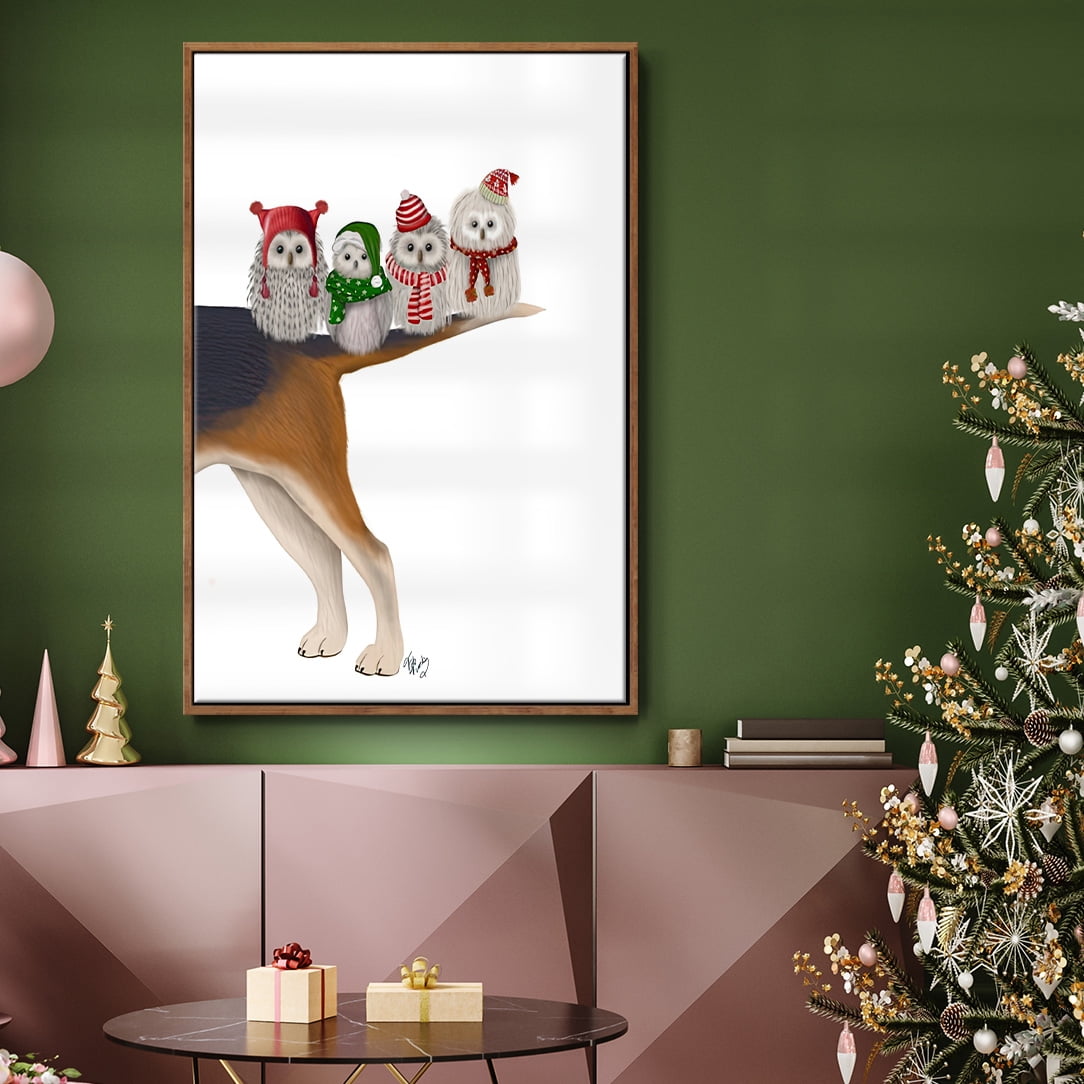 Christmas Bummer Owls - Framed Gallery Wrapped Holiday Canvas - 17 x 25 - Rosewood Frame