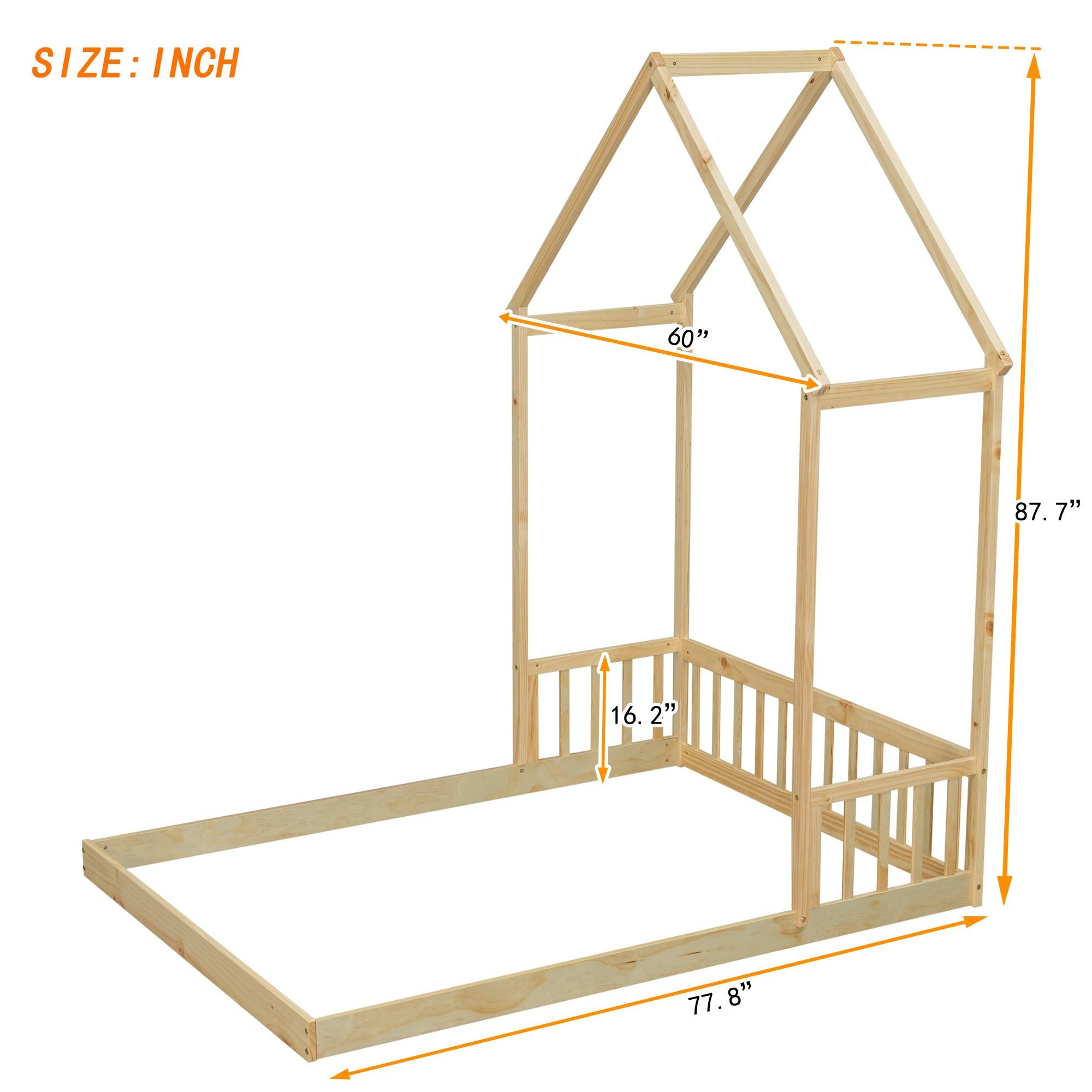 PORKISS Full Size Floor Bed for Kids, Wood Montessori Bed with House-shaped Roof, Natural