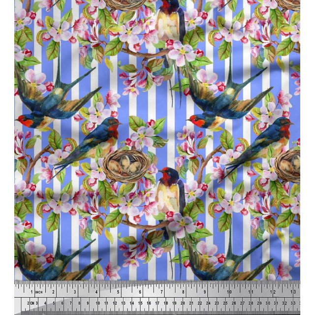 Soimoi Rayon Fabric Bird,Stripe & Periwinkle Floral Fabric Prints by Yard 56 Inch Wide