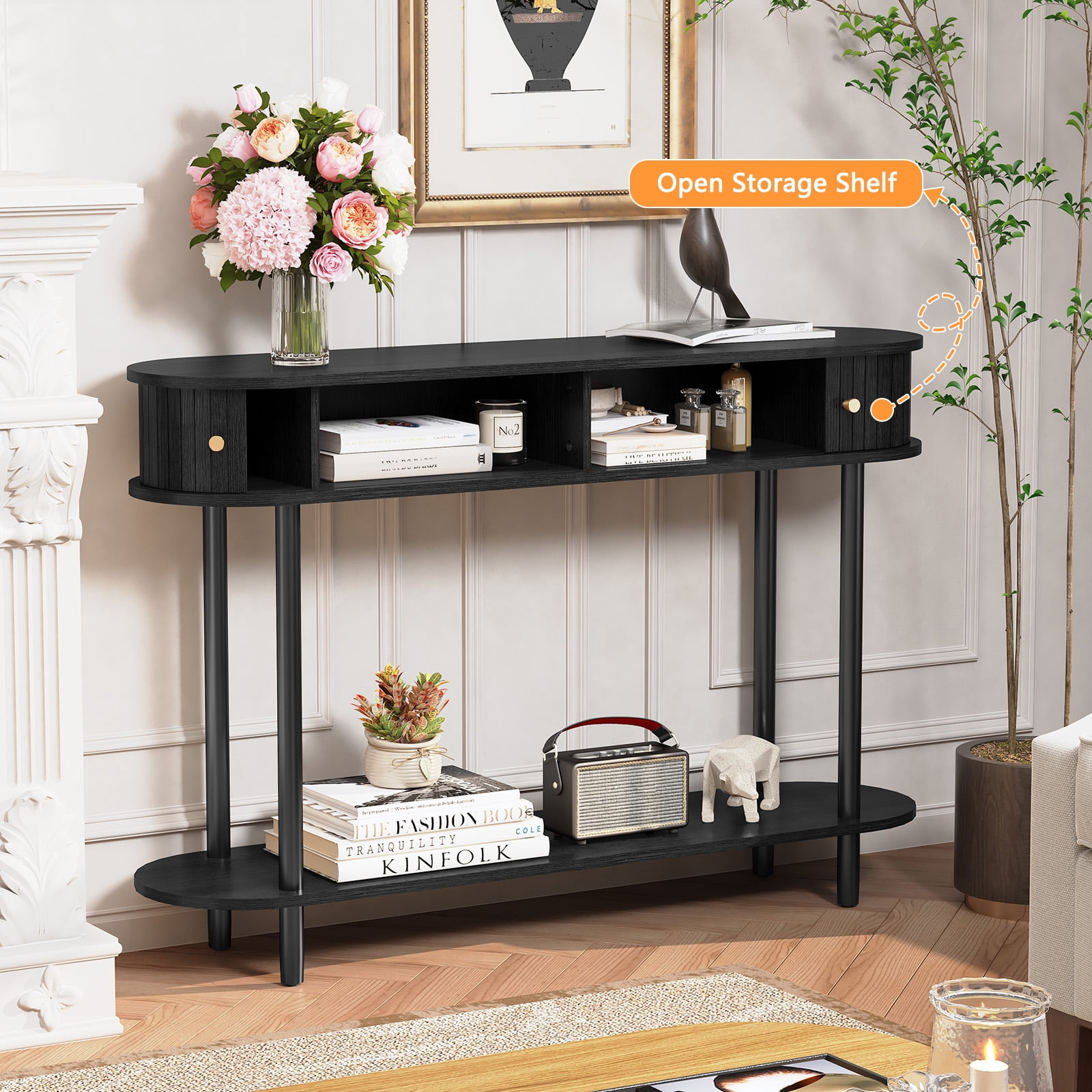 HLR 47.2" Farmhouse Console Table, Entryway Table with 2 Tambour Doors for Living Room, Black
