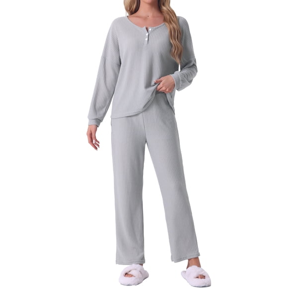 Conjunto de pijama para mujer INSPIRE CHIC, de punto waffle, de manga larga, 2 piezas, atuendo de sudadera, XL, gris claro
