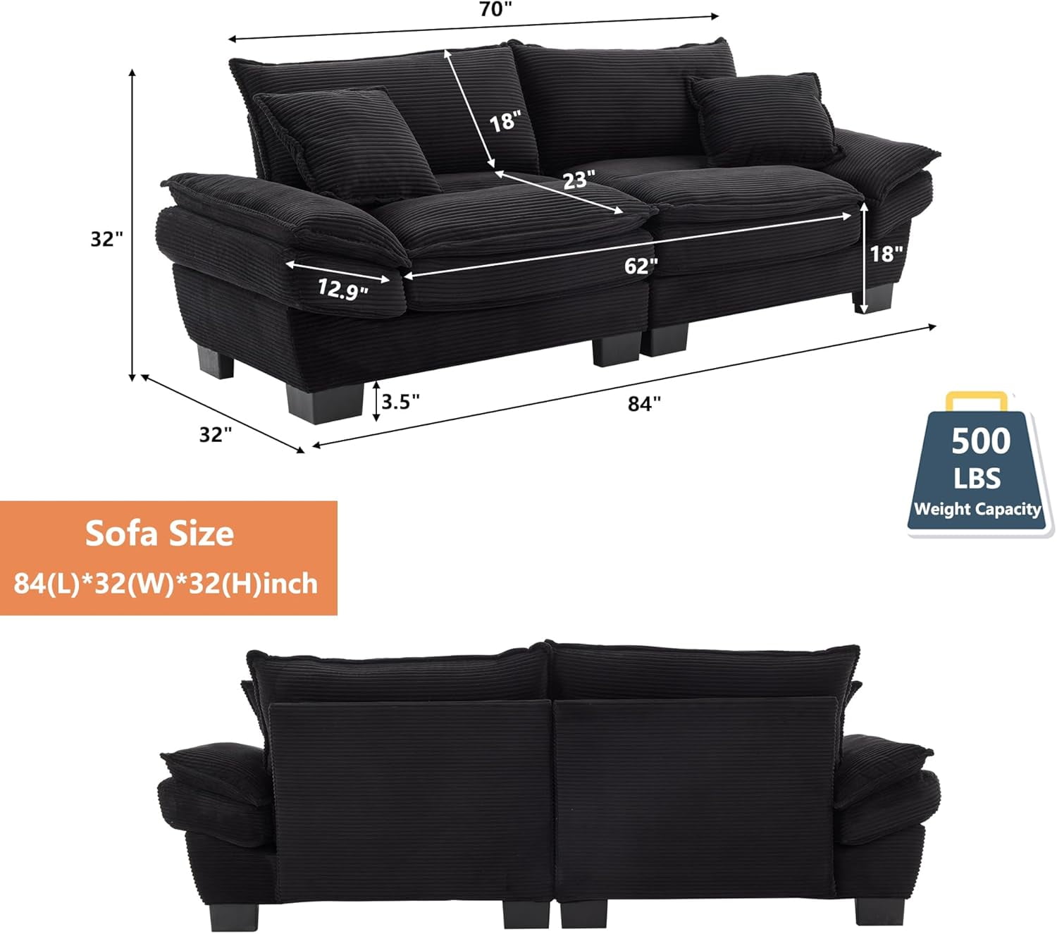 AENKYO 84" Corduroy Loveseat Sofa with Pillows, Modern 2-Seater Couch for Living Room,Black