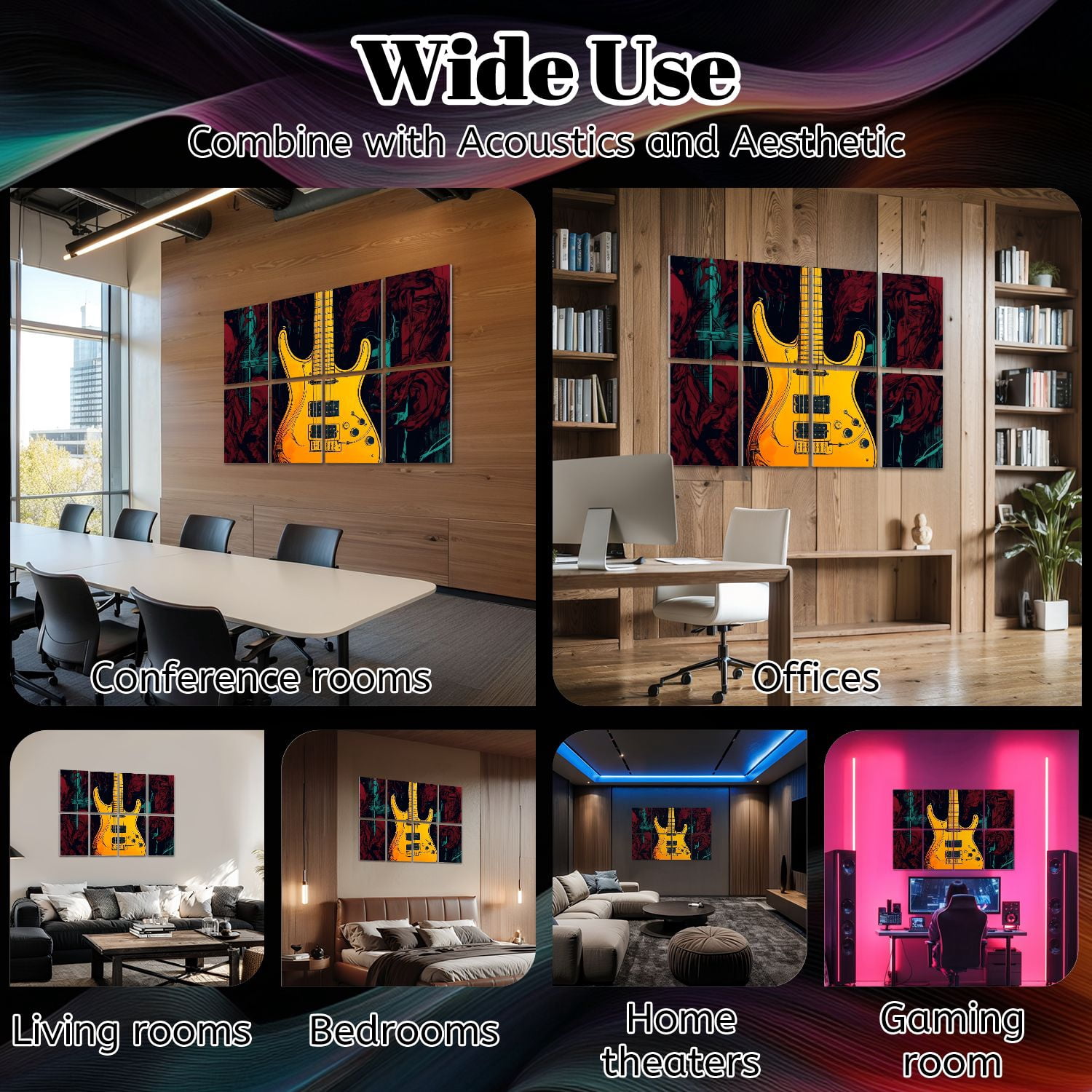 Musical 8 Pack Art Acoustic Panels Sound Absorbing Yellow Electric Guitar Abstract Dark Red Decorative Soundproof Wall Panels Self Adhesive for Nursery Game Room Music Classroom 48"x32"