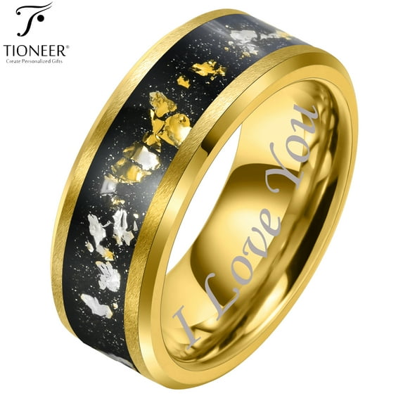 Yellow Gold Plated 8mm Tungsten Carbide Beveled Edge Wedding Band w/ Gold and White Foils Inlay w/ Free Engraving Options