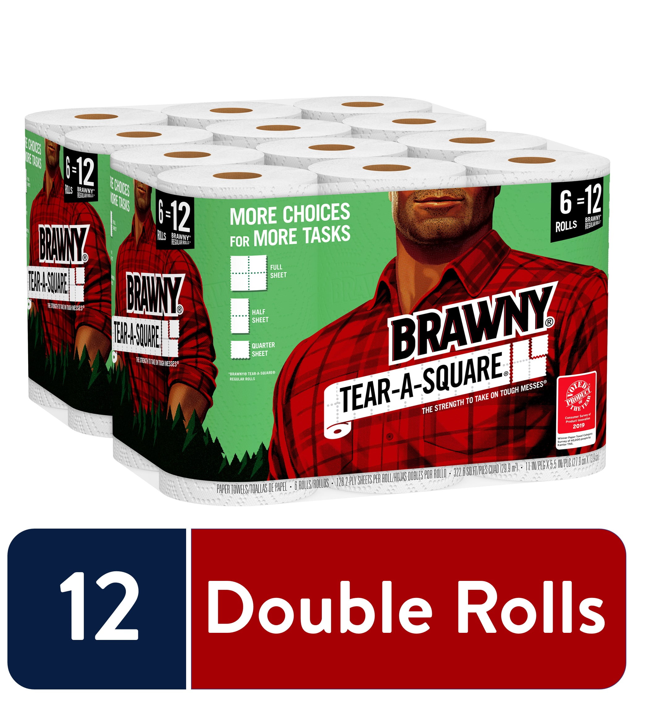 12 Rolls Brawny Tear-A-Square Paper Towels 12 = 24 Regular 3 Sheet Size... 