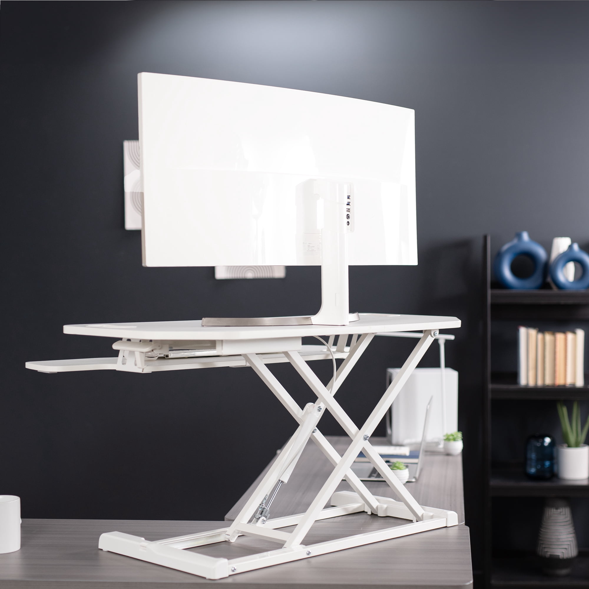 VIVO White Height Adjustable Corner Desktop Monitor Riser 38" Sit Stand Tabletop