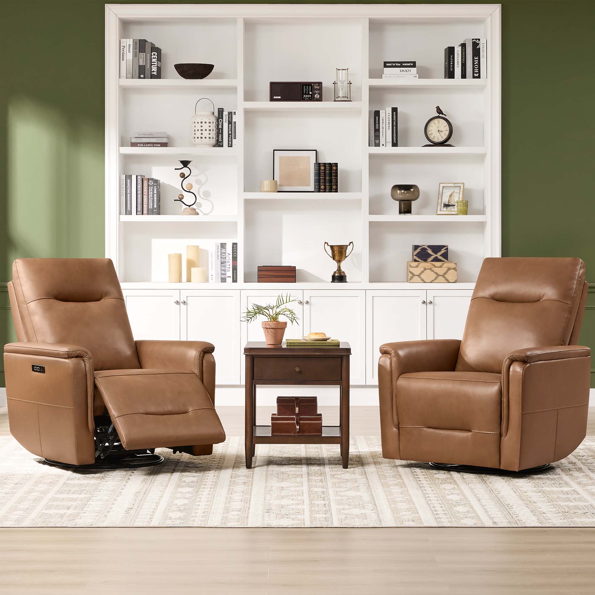 Spruce & Spring Genuine Leather Dual Motor Swivel Glider Recliner Chair, Saddle