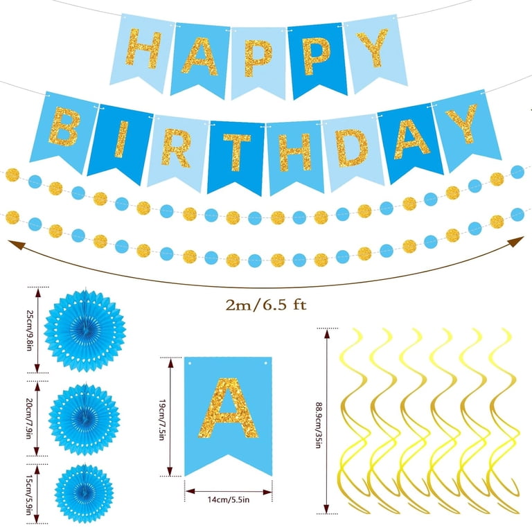 Kit Décoration Anniversaire Bleu Happy Birthday - Bannière, Eventails, Ballons, Pompons Et Guirlande