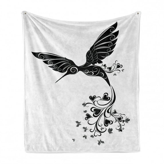 Black and White Soft Flannel Fleece Throw Blanket, Hummingbird with Hearts Tail and Swirled Feathers Monochrome Animal, Cozy Plush for Indoor and Outdoor Use, 70" x 90", Black and White, by Ambesonne
