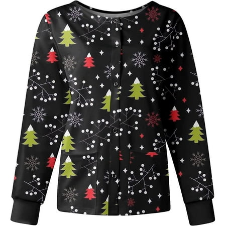 

Christmas Printed Scrub Womens Printed Scrubs Jacket Snap Front Cute Animals Pattern Long Sleeve Scrub Tops Working Uniforms