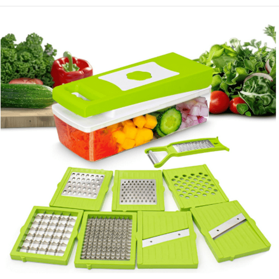 9-in-1 Multipurpose Chopper, Slicer, Dicer & Grater – Unbreakable Food-Grade Plastic Body, Easy-Clean Push Button, Kitchen Cutter for Fruits & Vegetables (Green)