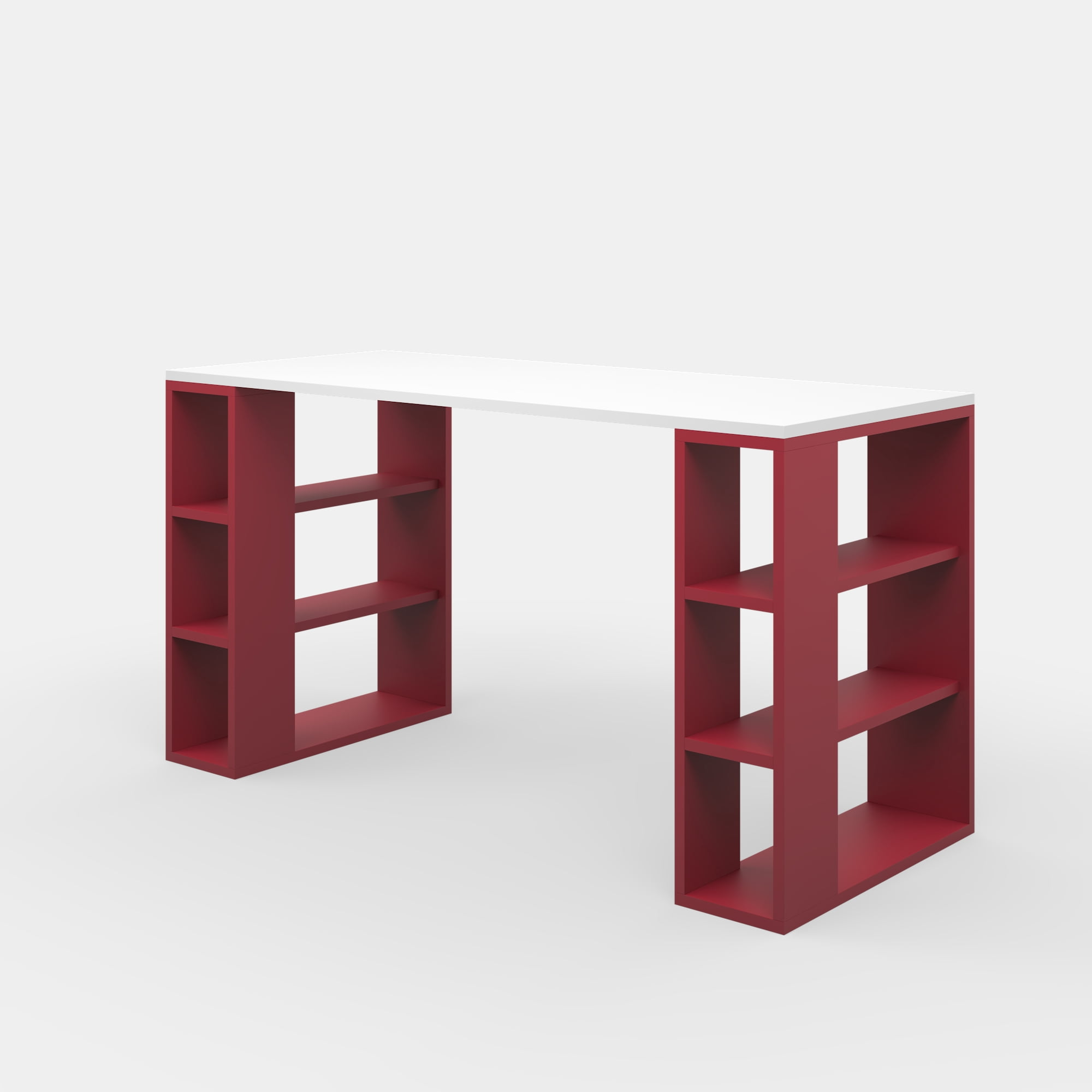 Ada Home Decor Minimalist Home Office Computer Desk Workstation with 3 Shelves Bookcase, White/Burgandy