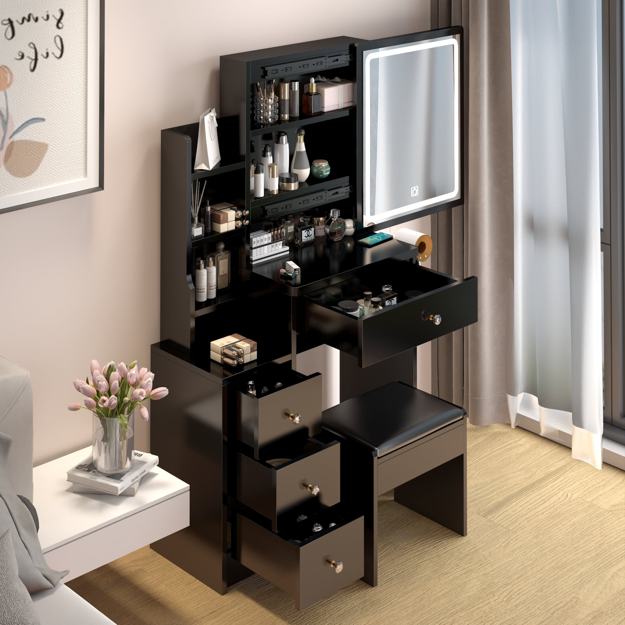 Kadyn Dresser Small Space Left Bedside Cabinet Vanity Table,Black Kadyn Dresser Small Space Left Bedside Cabinet Vanity Table,Black
