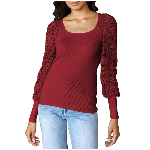 FAIWAD Womens Tops Lace Square Neck Patchwork Lantern Long Sleeve Tops Solid Color Ribbed Casual Loose Tops