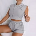 thumbnail image 2 of Workout 2 Piece Outfits for Women Casual Sleeveless Hooded Crop Tops and Sweat Shorts Sets Tracksuits with Pockets, 2 of 6