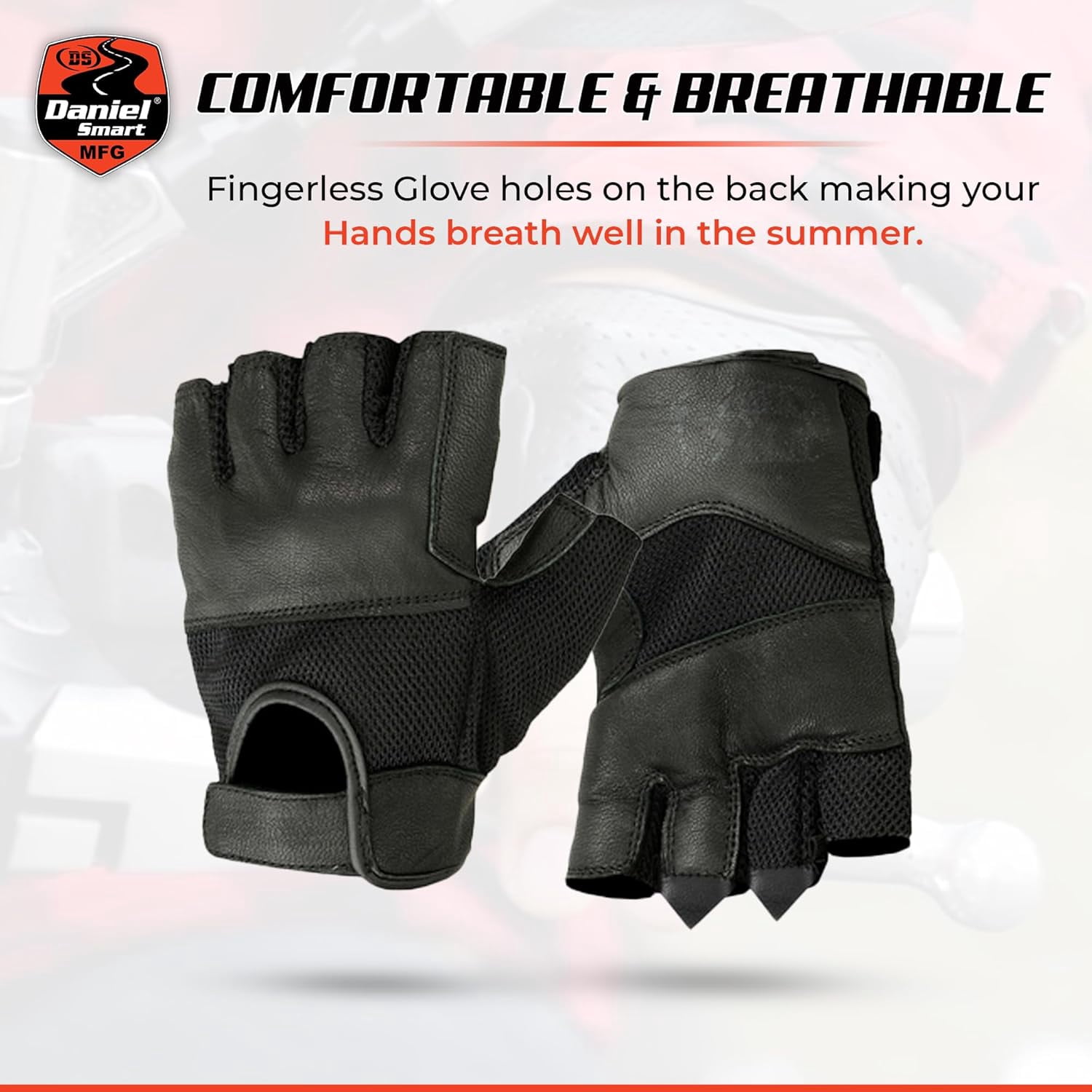 Daniel Smart Men’s Leather Gloves Fingerless Motorcycle Gloves with Gel Palm, Mesh and Synthetic Leather for Maximum Airflow
