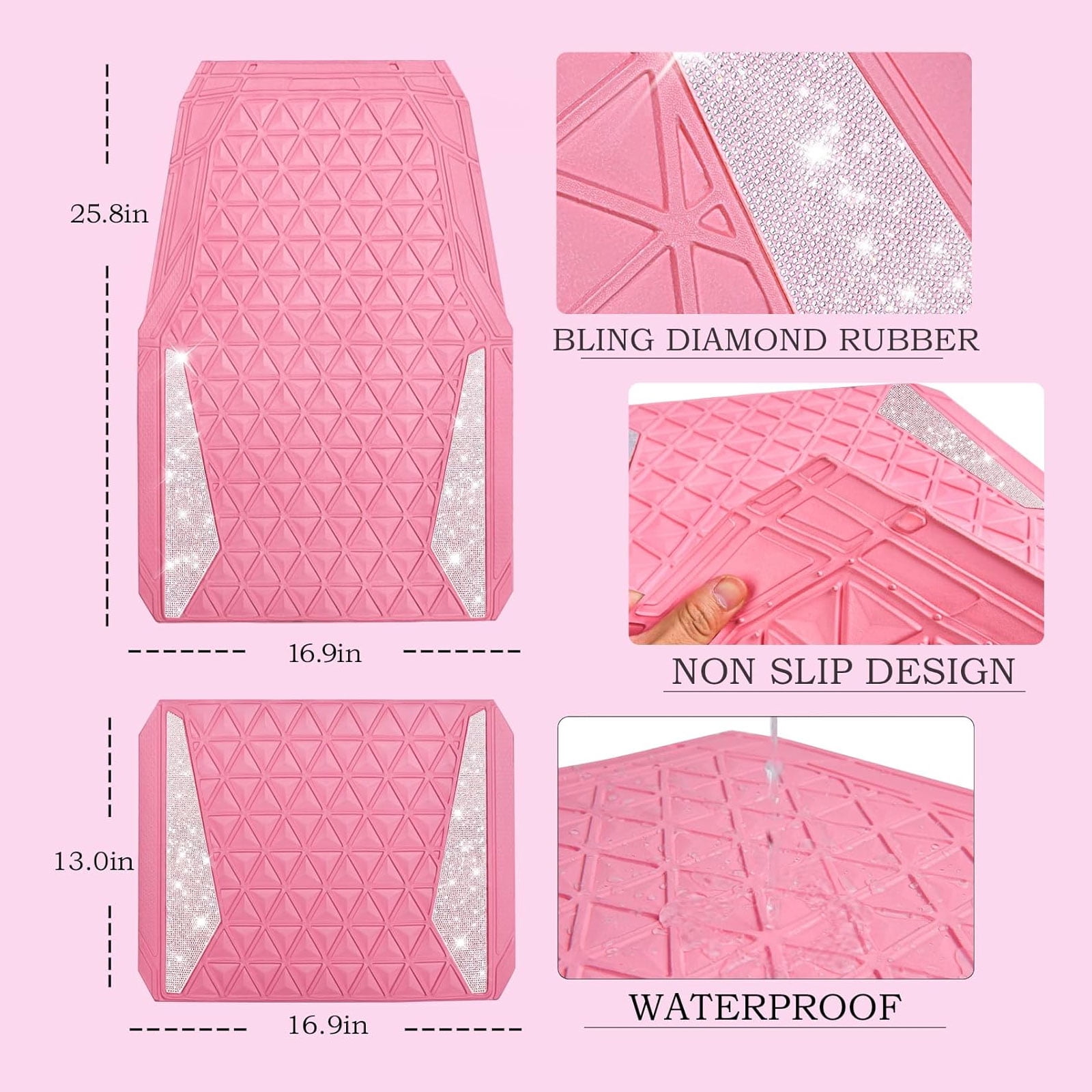 CAR GRAND Bling diamond rubble automotive floor mats full set anti-slip water proof universal fit glitter crystal sparkly shining rhinestone girl woman lady femal pink