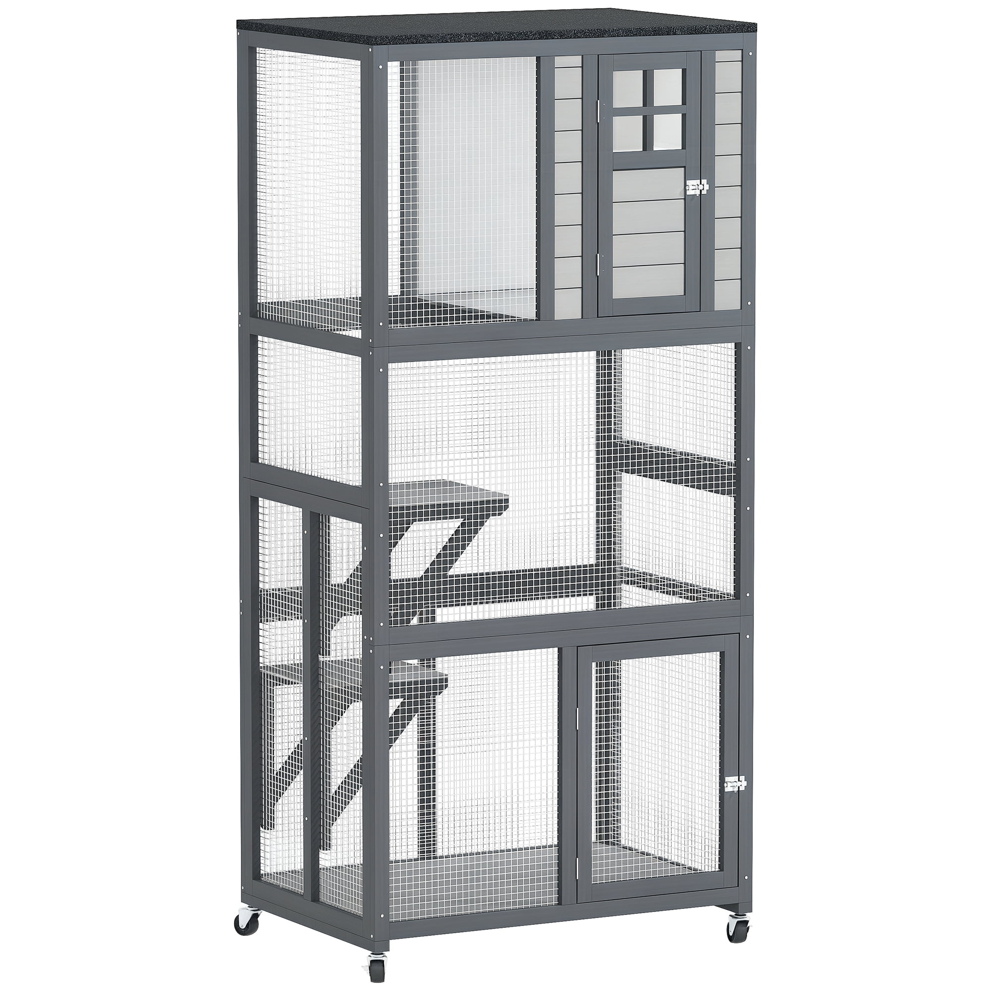 PawHut 74" Wooden Catio Outdoor Cat House Weatherproof & Wheeled, Outside Cat Enclosure with High Weight Capacity, Kitten Cage Condo, Light Gray