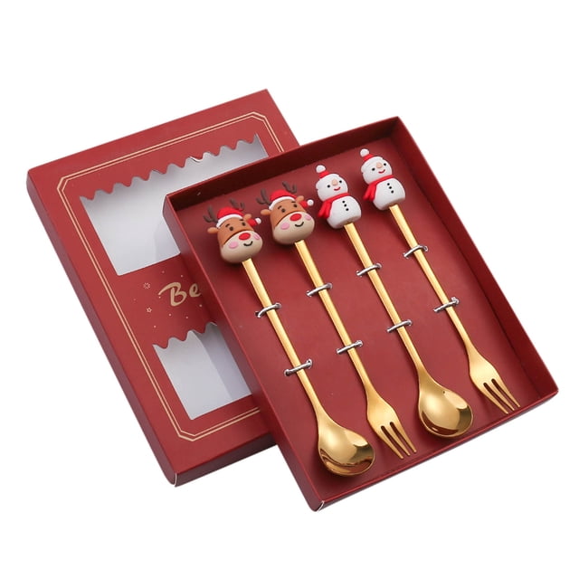 CEHVOM 4PCS Stainless Steel Christmas Spoon Gift Set Dessert Spoon Fork Coffee Spoon Christmas Pendant Spoon Tableware Set Clearance