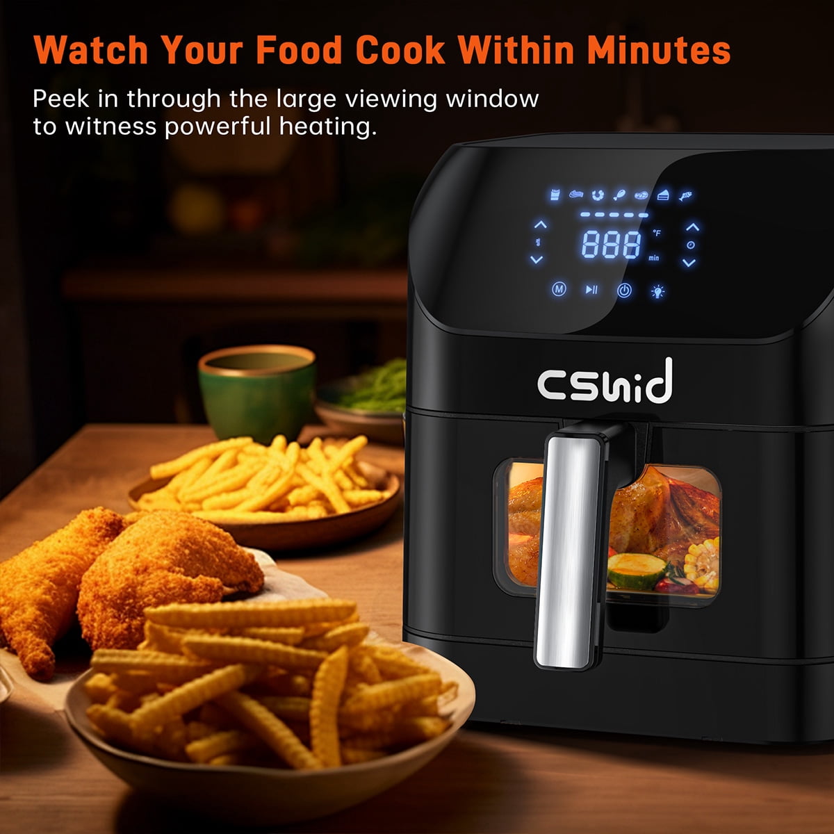 Cshidworld Air Fryer, 7.5 QT Large Air Fryer with Clear Window & Washable Basket,10-in-1 Presets Functions For Crisp,Roast,Bake and Reheat,Nonstick,Digital Touchscreen,Quiet, Black