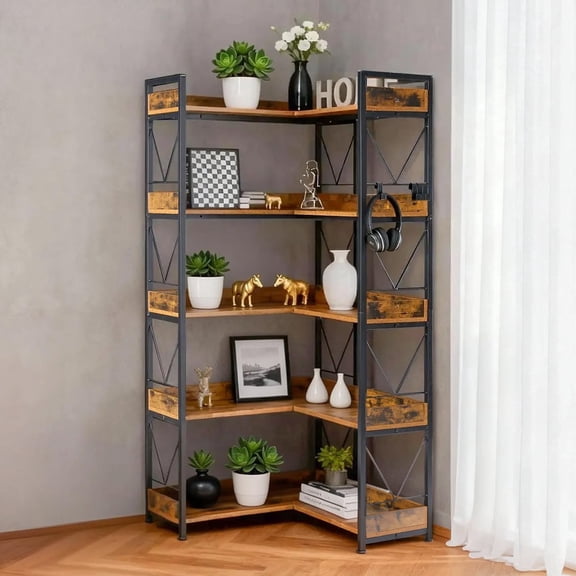 EDX 5-Tier Corner Shelf, 65'' L-Shaped Display Bookshelf , Industrial Wooden Bookcase with Metal Frame for Home , Office, Rustic Brown