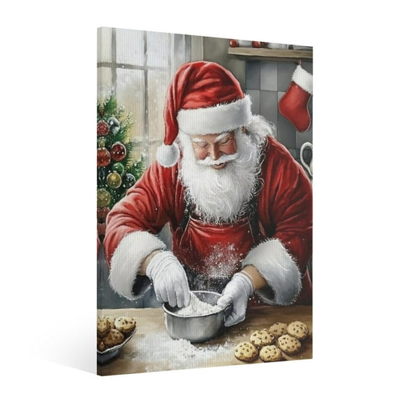 Vintage Christmas Santa Claus makes cookies Wall Art Paint - Retro Xmas Festive Winter Holiday Christmas Wall Decor Canvas for Living Room Kitchen Bathroom Home Bedroom Decor Framed