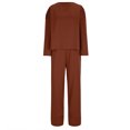 thumbnail image 5 of Women's Casual Fall Outfit Sets Plus Size Solid Color Round Neck Long Sleeved Set With Pockets And Wide Leg Pants, 5 of 5