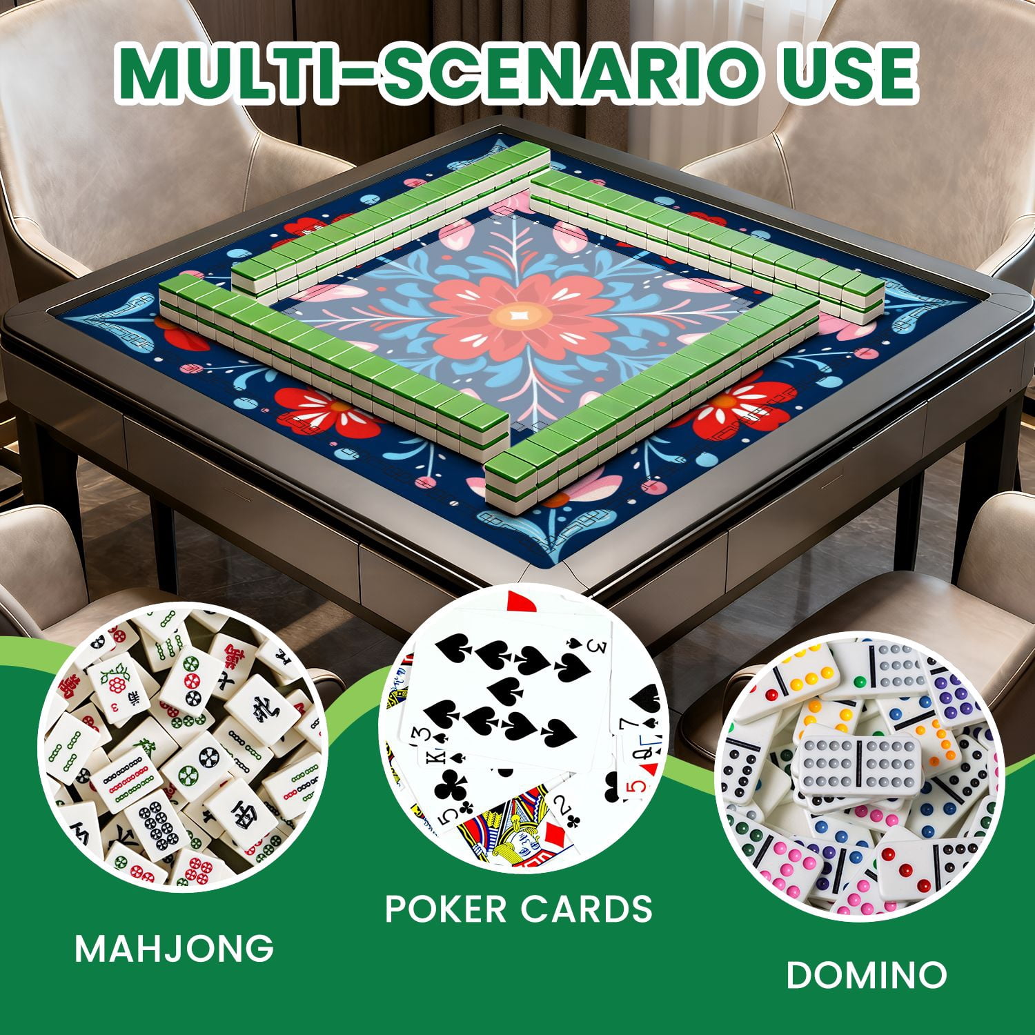 Mahjong Mat 31.5" x 31.5" Colorful Floral Red Pink Flowers Dark Blue Non-Slip Noise Reduction American Mahjong Tiles Table Cover for Dominoes Poker Card Board Games Gift