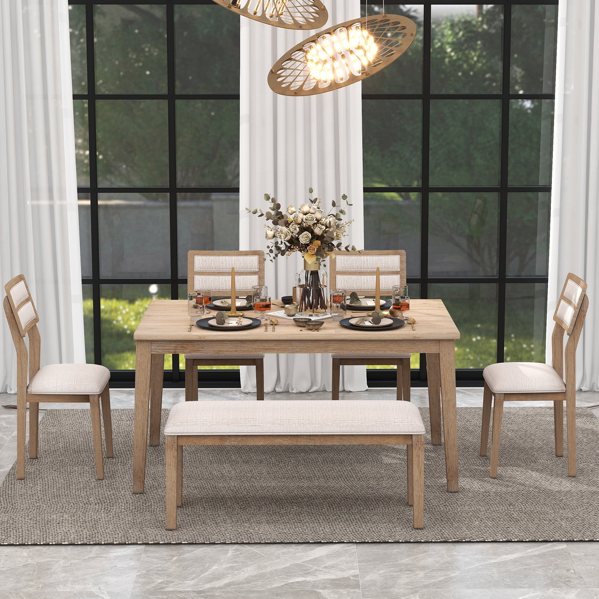 Howcool Classic Traditional 6-Piece Dining Set, Table, 4 Upholstered Chairs & Bench, Natural Wood Wash
