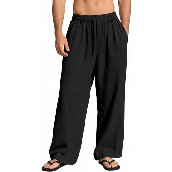 NKZNKZ Mens Cotton Linen Pants Elastic Waist Linen Men Pants Drawstring Loose Casual Lightweight Summer Beach Pants Black XL