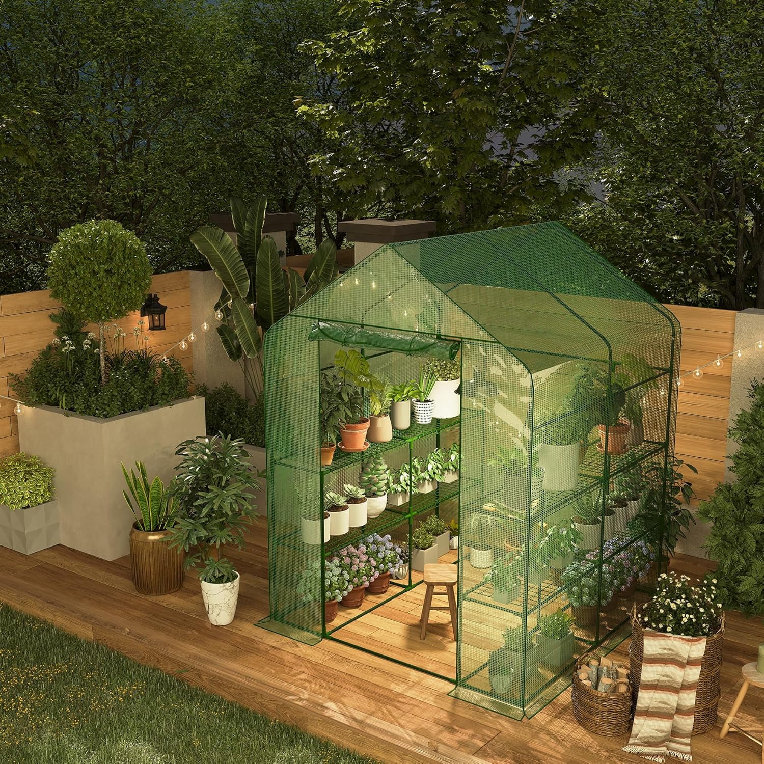 Yiwa 57"x57"x77" Portable Greenhouse with Thickened PE Cover & Roll-up Zipper Door - Walk-in Tunnels for Seedlings, Flowers, 12-Tier Shelves