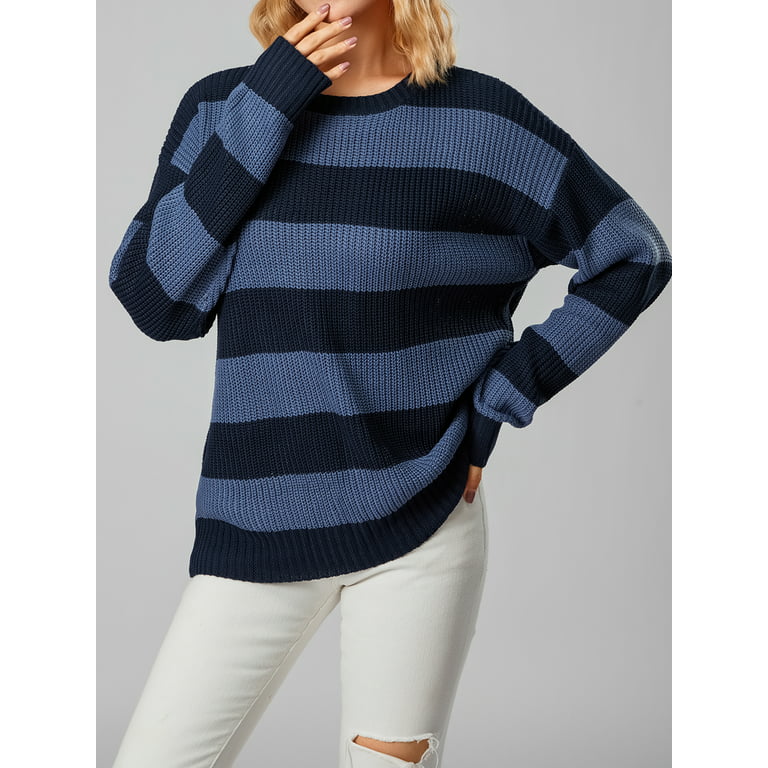 BOUTIKOME Women's Striped Sweater Black and White Striped Sweater Side Slit  Knit Long Sleeve Crewneck Pullover Loose Top at  Women’s Clothing