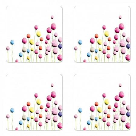 

Floral Coaster Set of 4 Globe Amaranth Flowers Pattern Nature Beauty Blooms Petals Botany Eco Print Square Hardboard Gloss Coasters Standard Size Multicolor by Ambesonne